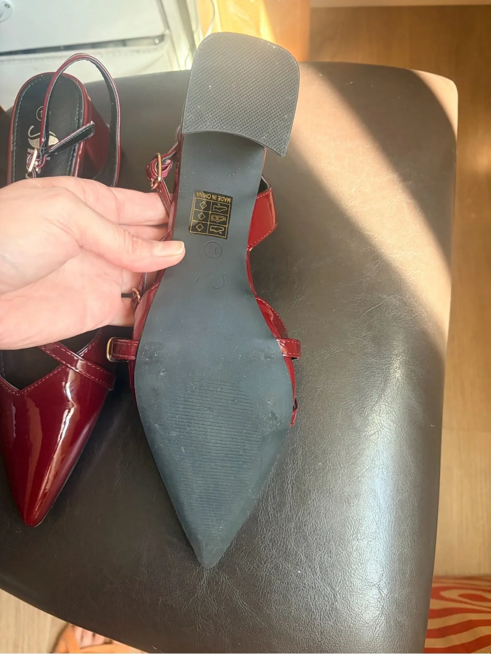 SHEIN Burgundy Patent Slingback Block Heel Pumps with Gold Buckles